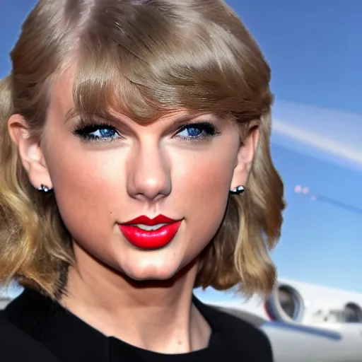 Image similar to Taylor swift piloting a realistic comercial plane in a beautiful day