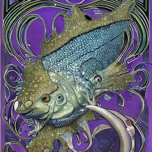 Prompt: a single fantasy deep sea fish that is heavily armored with osteoderms, it has disproportionately huge wide spined pectoral fins, on its head 6 large black eyes, and it's skin and fins have complex markings, it is swimming in a purple deep landscape with jagged rocks by alphonse mucha and brian froud