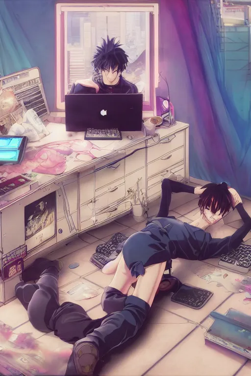Image similar to anime manga guy laying on floor looking at computer, cluttered 9 0 s aesthetic bedroom, by artgerm, james jean, tom bagshaw, gerald brom, vaporwave colors, lofi colors, vaporwave, lofi, goth vibe, 4 k, smooth, hd, substance designer render, full body character concept art, symmetrical,