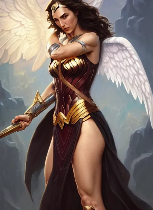 Image similar to gal gadot as an angel, deep focus, d & d, fantasy, intricate, elegant, highly detailed, digital painting, artstation, concept art, matte, sharp focus, illustration, hearthstone, art by artgerm and greg rutkowski and alphonse mucha