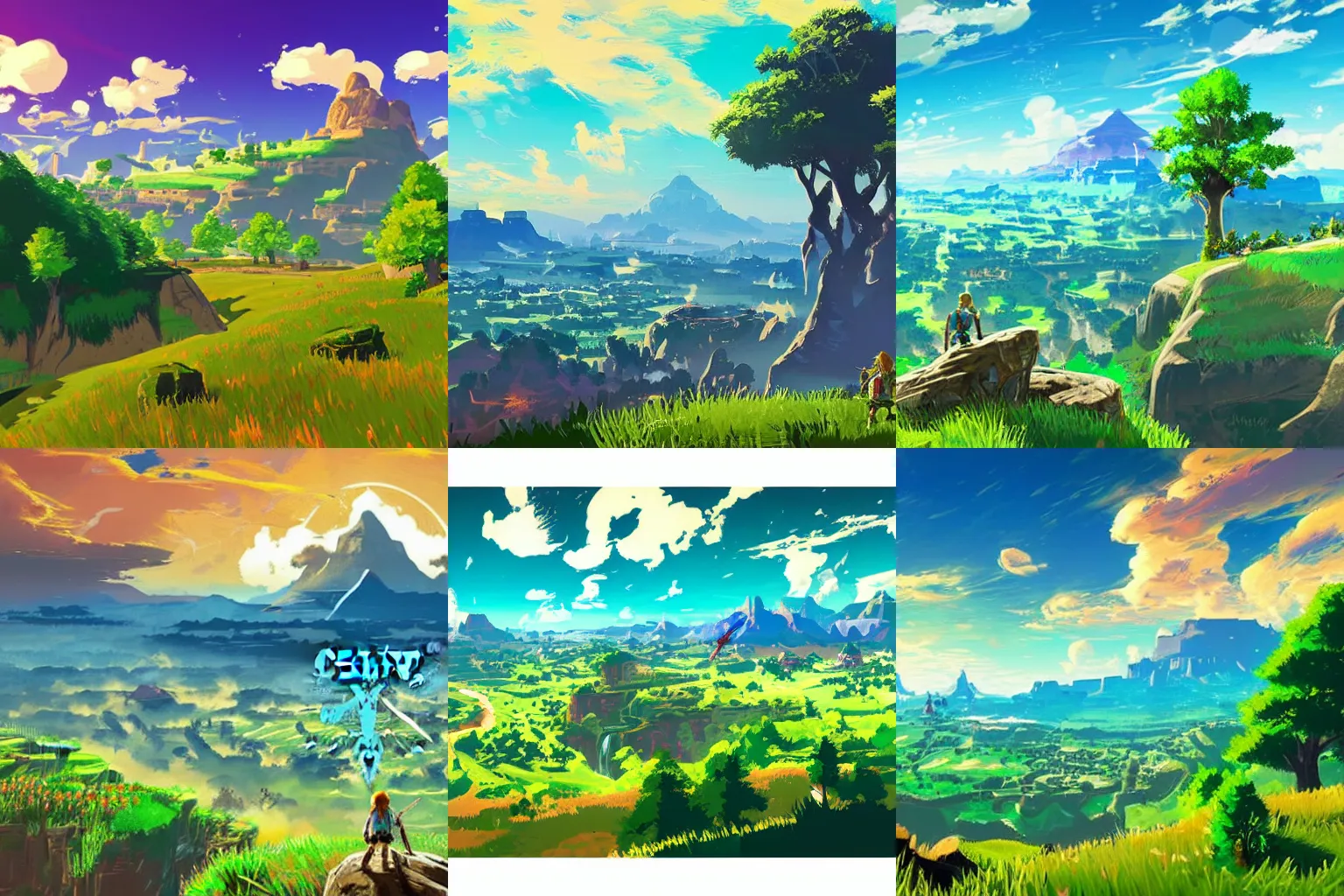 Prompt: A very beautiful landscape of mountain with plains, green grasse trees and river, clouds, in the style of zelda breath of the wild artwork