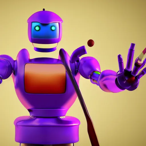 Prompt: a photorealistic 3 d render made in blender of a colourful friendly robot being poked by a man with a stick. background is a purple gradient