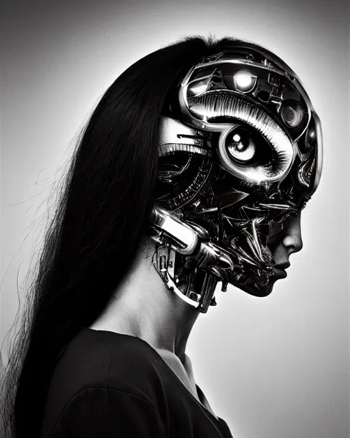 Image similar to a profile portrait, a stunning young woman - cyborg with a mutant crow head, editorial photography, bw, by roman sustov, by hr giger, shot on 7 0 mm, depth of field, f / 2. 8, high contrast, 1 6 k, volumetric lighting, shiny, insanely detailed and intricate, hypermaximalist, elegant, ornate