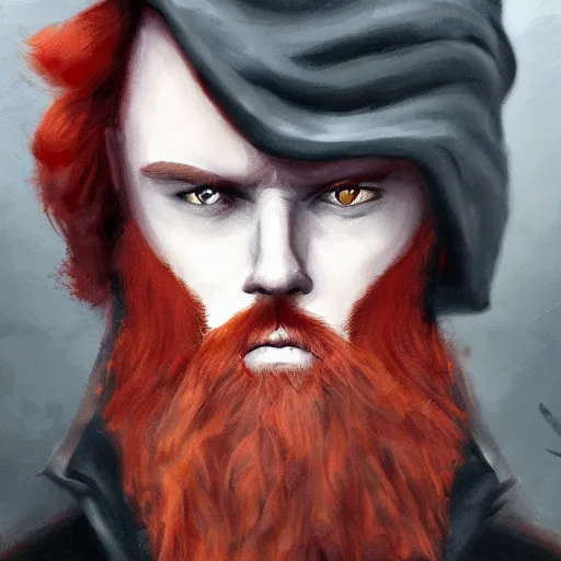 Image similar to grumpy young red haired man with red beard, wearing black coat, fire behind him, fire, fire mage, shooting fire, oil painting, fantasy artwork, fantastic artwork, 4 k, trending on artstation