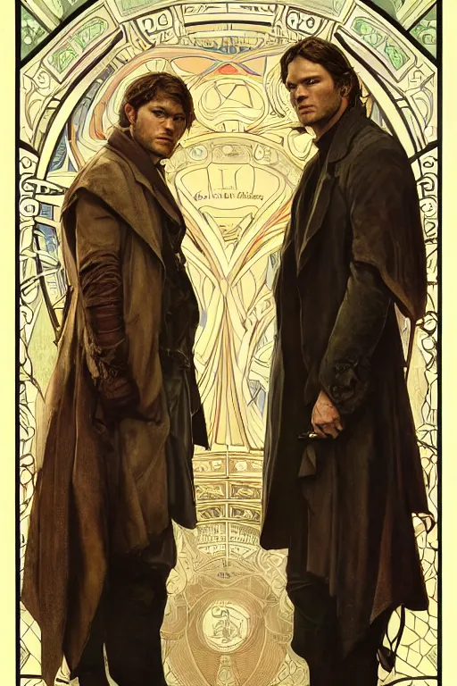 Prompt: a detailed matte portrait of jensen ackles and jared padalecki in a supernatural sherlock holmes story, masterpiece, 8 k, art by alphonse mucha and greg rutkowski