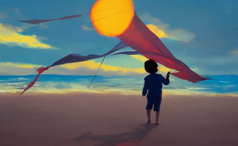 Prompt: child flying a kite at the beach by atey ghailan and garmash, michael, cinematic, volumetric lighting, sunset