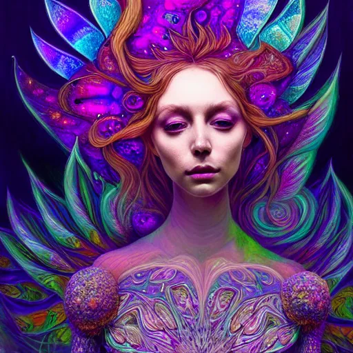 Image similar to An extremely psychedelic crystalline soul fairy, multifaceted, crystals, surreal, dramatic lighting, magic mushrooms, psilocybin, LSD, face, detailed, intricate, elegant, lithe, highly detailed, digital painting, artstation, concept art, smooth, sharp focus, illustration, art by Krenz Cushart and Artem Demura and alphonse mucha