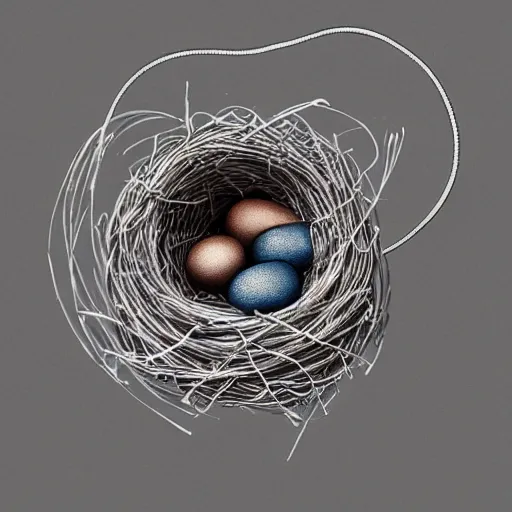 Prompt: Pencil sketch of a bird nest made out of earphones and earphone cables, eggs, detailed, professional art