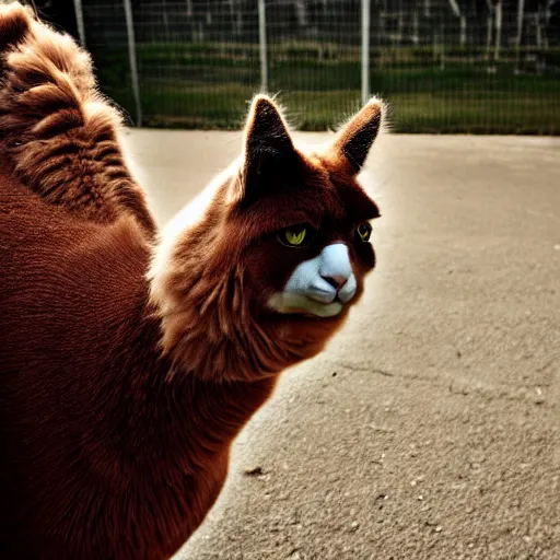 Prompt: a cat - alpaca - hybrid with a beak, animal photography