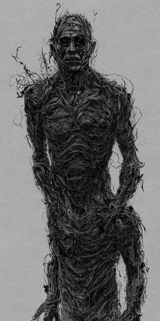 Prompt: concept art of a man with his body covered in burns, with evil black smoke coming out of his hands, full body, dark colors, sinister atmosphere, dramatic lighting, cinematic, establishing shot, extremely high detail, photo realistic, cinematic lighting, pen and ink, intricate line drawings, by Yoshitaka Amano, Ruan Jia, Kentaro Miura, Artgerm, post processed, concept art, artstation, matte painting, style by eddie mendoza, raphael lacoste, alex ross,