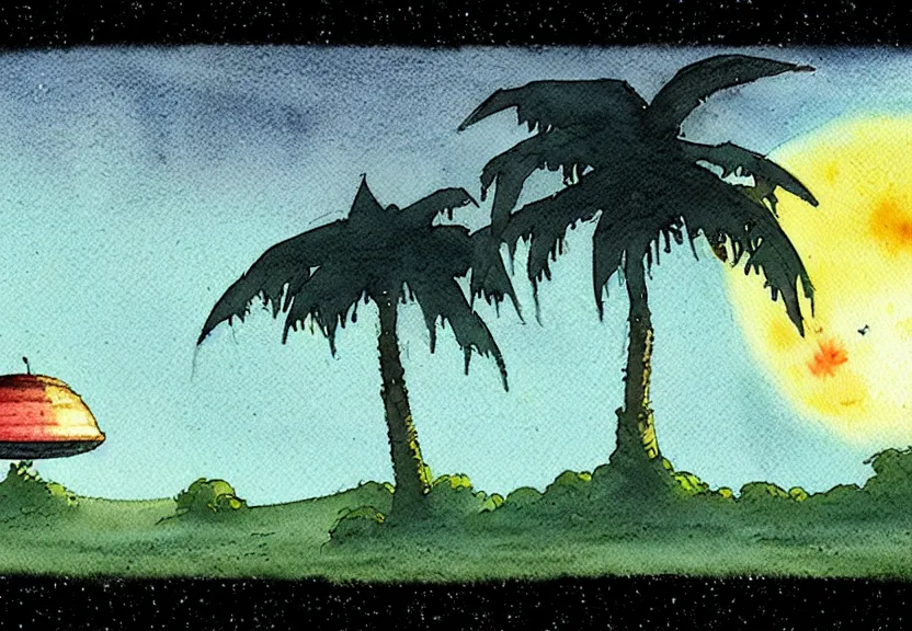 Image similar to a simple watercolor fantasy concept art of a dark grey boxy ufo from independence day ( 1 9 9 6 ) next to a palm tree at night. by studio ghibli, rebecca guay, michael kaluta, charles vess