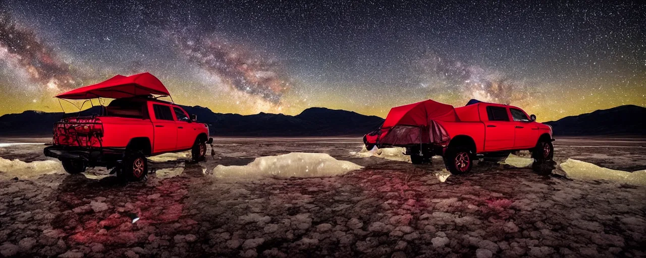 Prompt: dodge ram red power wagon with a roof top tent camping on wet salt flats at night, reflections, long exposure, milky way, Sayem Reza, poster