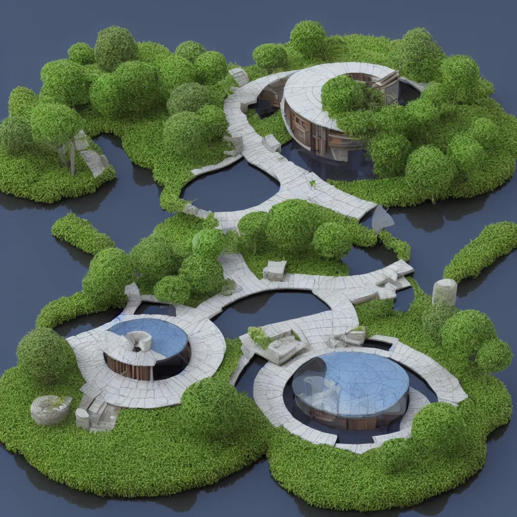 Image similar to architectural model, isometric view, 3 d render, studio lighting, low contrast, dark background, highly detailed, a circular house with circular courtyards floating on water at the sloping edge of a lake, tree