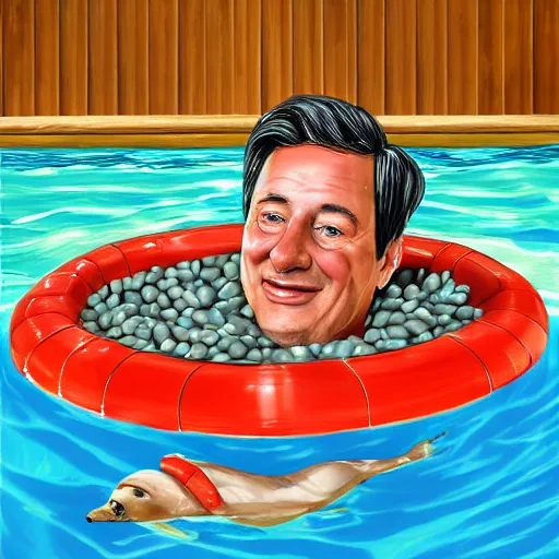 Prompt: the leader of the united kingdom swimming in a pool of beans digital painting art