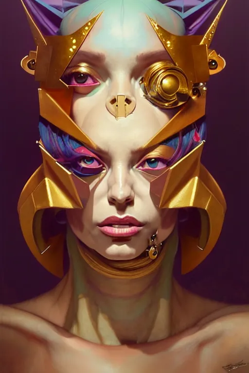Image similar to portrait of isabelledeltore, patchwork doll, cyberpunk, elegant baroque, asymmetrical art, hyperrealism, colorful, vivid, imposing, epic, abstract texture, gold leaf texture, artstation, concept art, by peter mohrbacher and wlop and rhads and artgerm and magali villeneuve and alphonse mucha