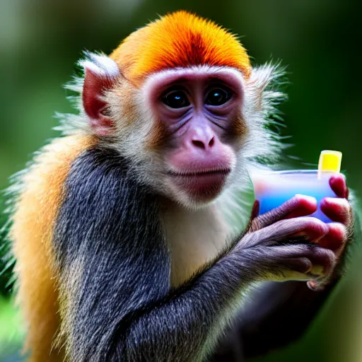 Image similar to cute baby monkey drinking juice, 4k, realistic photo