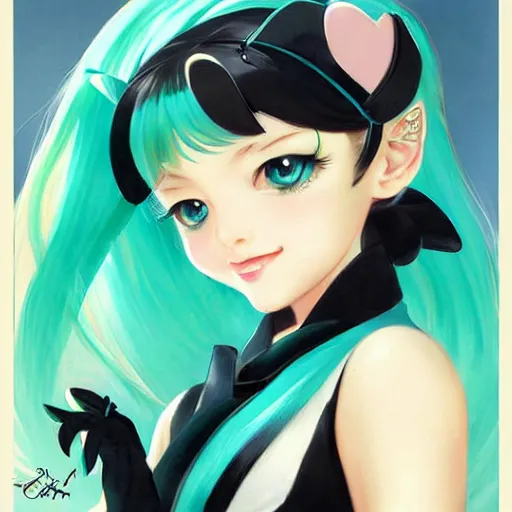 Image similar to Hatsune Miku by Gil Elvgren and Daniela Uhlig