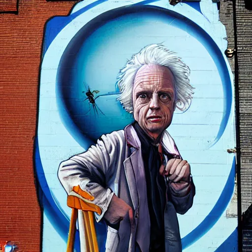 Image similar to Street-art portrait of doctor Emmett Brown from back to the future movie in style of Etam Cru