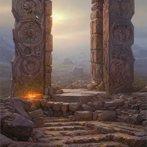 Image similar to The Great stone gates of runic magic, art by Donato Giancola and James Gurney, digital art, trending on artstation, epic composition, wide angle