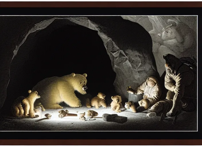 Image similar to Pieter Claesz's 'bear and her cubs sleeping in a dark cave lit by campfire', night time, cross hatching, framed