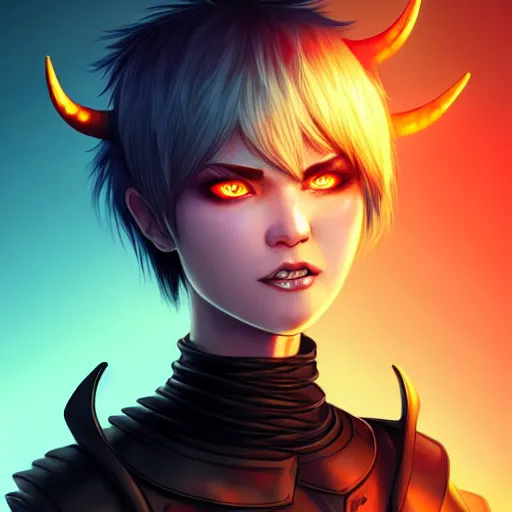 Image similar to illustrated realistic tilted head portrait human female prong-horned with blue bob hair and solid black-eyes black sclera wearing strap leather armor, orange glow, backlit by rossdraws