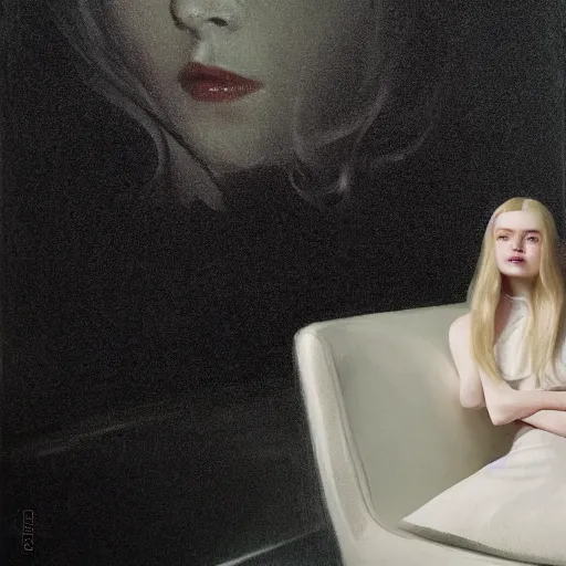 Prompt: Elle Fanning sitting on a white leather chair in the world of Julia Condon, head and shoulders portrait, stormy weather, extremely detailed masterpiece, oil on canvas, low-key neon lighting, artstation, Blade Runner 2049, Roger Deakin’s cinematography, by J. C. Leyendecker and Peter Paul Rubens and Edward Hopper and Michael Sowa,