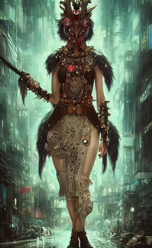 Image similar to hyper realistic Princess Mononoke, ornate mask magic, wet market street, cyberpunk metropolis, city landscape, jewels, full body pose, full moon, wolf by her side, style of tom bagshaw, mucha, james gurney, norman rockwell, denoised, sharp