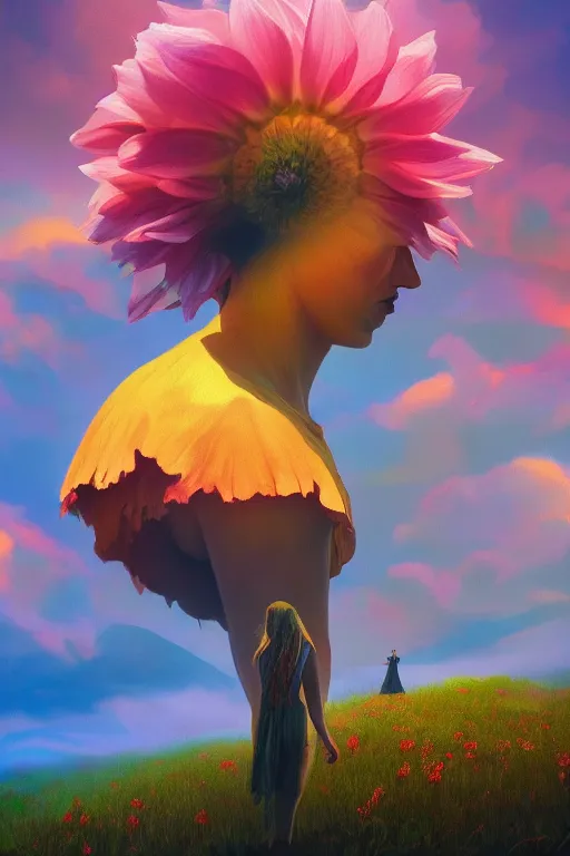 Image similar to closeup giant dahlia flower as head, girl standing on mountain, surreal photography, blue storm clouds, dramatic light, impressionist painting, digital painting, artstation, simon stalenhag