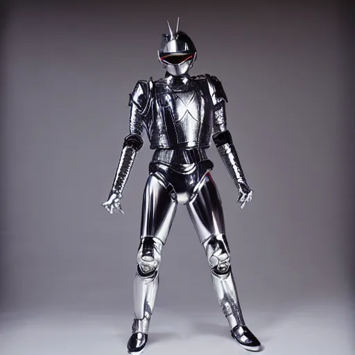 Image similar to sparkling chrome insect - themed battle armour, 1 9 8 0 s futurism, super sentai hero, tokusatsu, robin williams, robocop, studio lighting, fujifilm