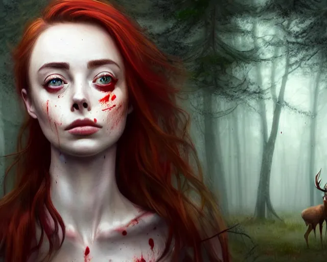 Prompt: surrounded by trees, realistic character concept, gorgeous Kacey Rohl, red hair, small freckles, symmetrical face, symmetrical eyes, full body, covered in blood, dark forest, trees, shorter neck, cinematic lighting, Joshua Middleton and artgerm, Wendigo creature with antlers and a deer skull face lurking in the background, fear anxiety terror