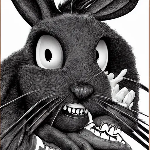 Image similar to A extremely highly detailed majestic hi-res beautiful, highly detailed head and shoulders portrait of a scary terrifying, horrifying, creepy black cartoon rabbit with scary big eyes, earing a shirt laughing, hey buddy, let's be friends, in the style of Walt Disney animation