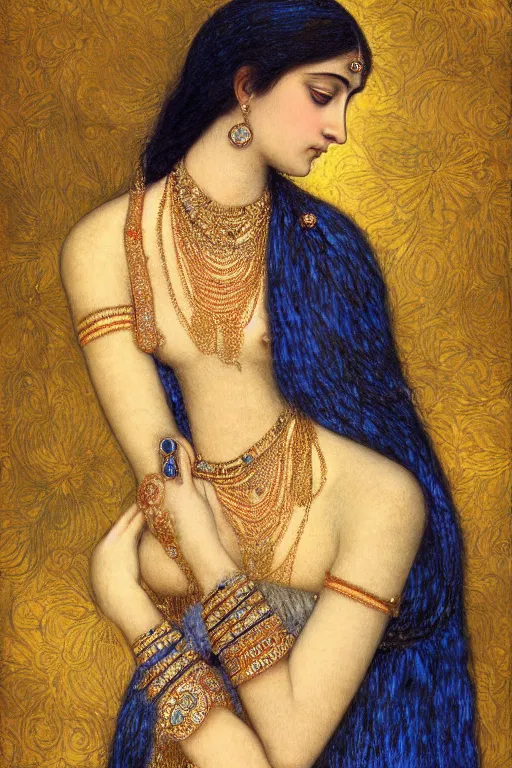 Prompt: Portrait of a indian female, sad blue eyes, beautiful skin, elegant, jewellery, digital painting, Pre-Raphaelites, highly detailed, concept art, smooth, sharp focus, gold and indigo, illustration, art by Klimt .