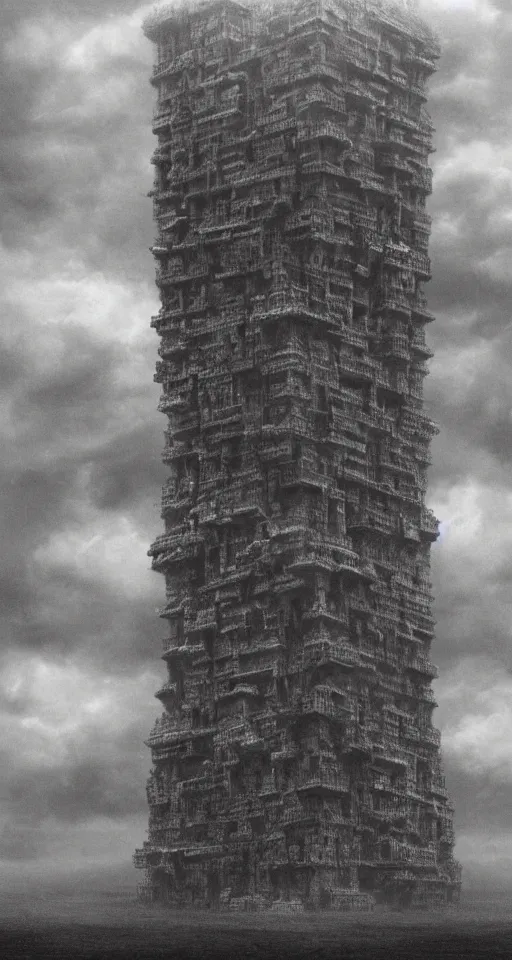 Prompt: babylon tower made of human bodies surrounded by clouds, photoreal, 8 k, hd, professional illustration, by beksinski and dore
