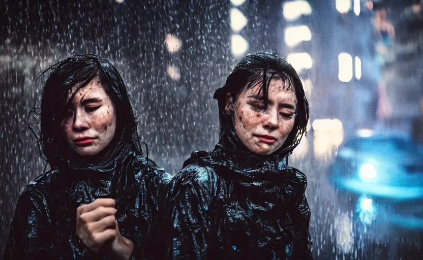 Image similar to cinestill 5 0 d candid photographic portrait by steve mccurry of two loving female androids sobbing wearing rugged black mesh techwear in treacherous waters, flooded city, medium closeup, retrofuturism cyberpunk moody emotional cinematic, pouring iridescent rain bright spotlight helicopter, 8 k, hd, high resolution, 3 5 mm, f / 3 2, ultra realistic faces, ex machina