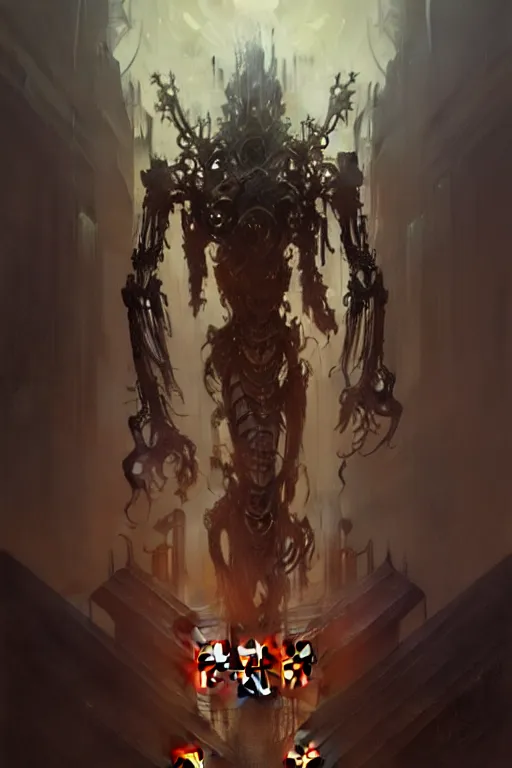 Image similar to dreamland of chinese, ghost, sharp, slender and densely arranged teeth, dystopian, cyberpunk, nanotech demonic monster, horror, mecha, ominous, flowing mucus, intricate, studio, art by anthony macbain + greg rutkowski + alphonse mucha, concept art, 4 k, sharp focus