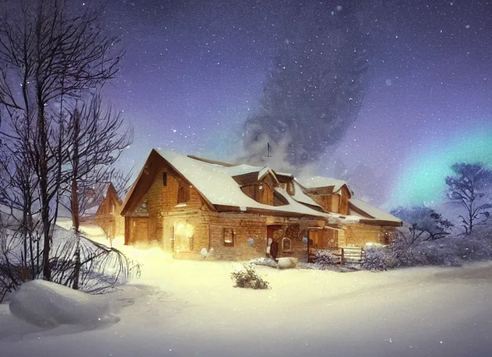 Image similar to snow - covered house, ( ( smoke from the stove ) ), night, stars in the sky, winter landscape, trees, aurora in the sky, painting by craig mullins, octane rendering, wide angle lens, in the style of hayao miyazaki, trending on artstation,