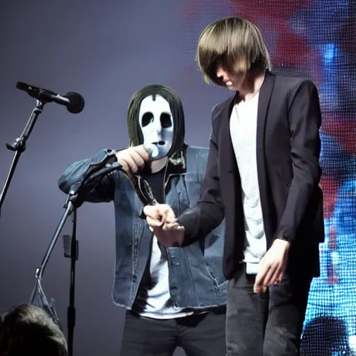 Image similar to slenderman and liam gallagher playing concert together