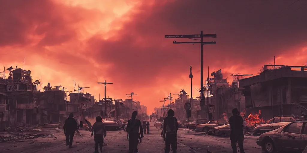 Image similar to post apocalyptic city with burning red sky with people on the streets