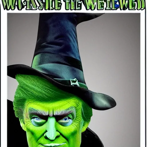 Image similar to wicked witch of the west that looks like trump with green skin, real movie still, photo quality