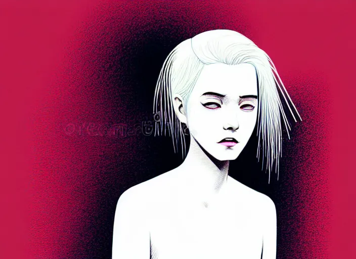 Image similar to portrait of a young girl with white hair colorful, illustration by Mads Berg and Karolis Strautniekas,small finely stippled light, dramatic lighting,fine texutre, editorial illustration, detailed,katsuhiro otomo, dynamic composition,moody, cinematic, film grain,manga, gradients, smooth