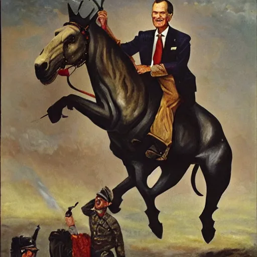 Image similar to Giant George H.W. Bush terrorizes Iraq, oil on canvas, 1883