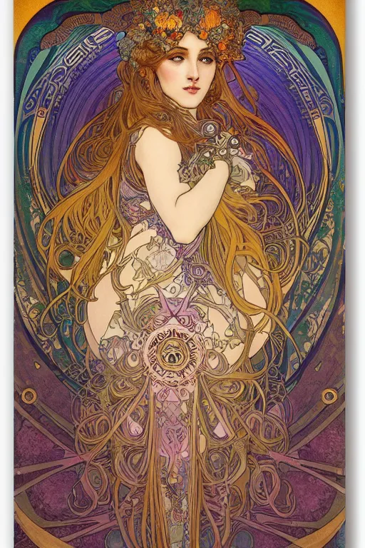 Image similar to beautiful goddess of space and dreams by alphonse mucha, mandala, coherent design, symmetrical, vivid colors, digital watercolor ink illustration painting, complementary color, golden ratio, detailed, sharp lines, sharp focus, intricate, rainbowshift, artgerm, gustave dore, maxfield parrish, octane render