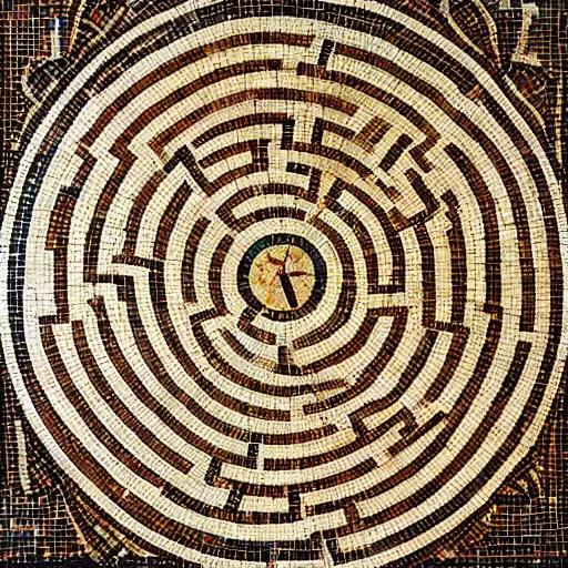 Prompt: medium shot Mosaic depicting a labyrinth, from Italica, AD 176-275. Archaeological Museum, Seville. Byzantine mosaics, highly detailed, HQ, HD, beautiful, National Geographic,