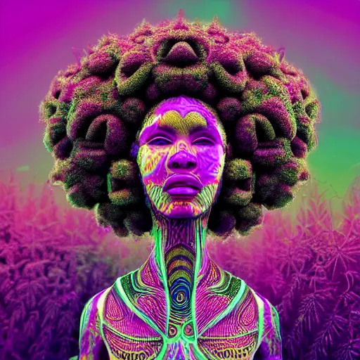 Image similar to a female african marijuanna! shaman with an afro made of flowers, third eye art art by machina infinitum, complexity from simplicity, rendered in octane, mandelbulb 3 d, ambient occlusion, macro photography, felt!!! texture, tribal, pastel! retrowave