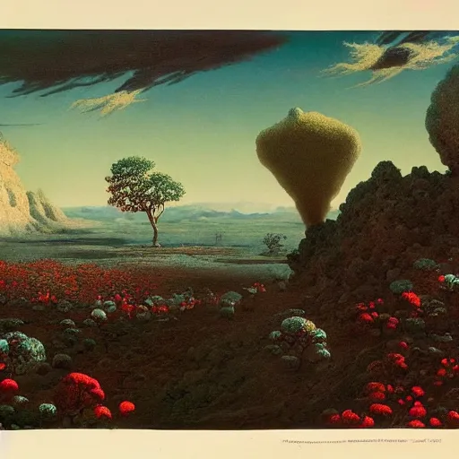 Image similar to a landscape on the moon with many craters, barren moon landscape, in a big crater at the center there is a beautiful flowering garden, 8 k, lowbrow in the style of martin johnson heade and daniel merriam and roger dean,