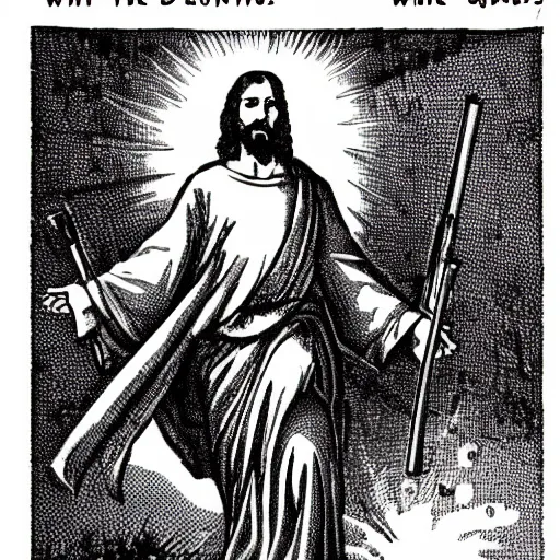 Image similar to jesus with guns killing demons