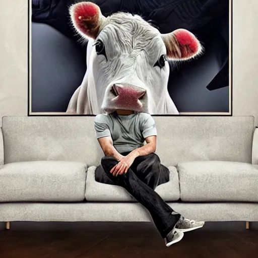 Prompt: epic move poster cow sitting on couch with tom holland