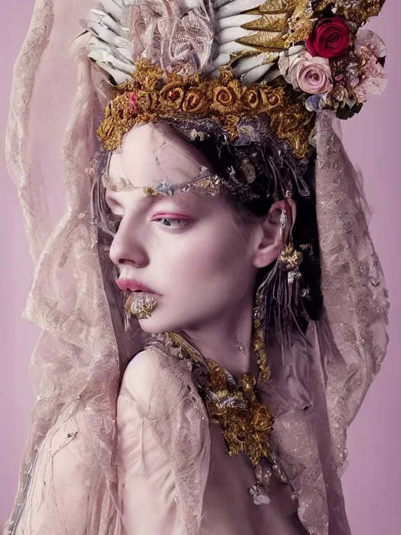 Image similar to a catholic veiled Princess who has rococo dramatic headdress with roses,by Annie Stegg and Jovana Rikalo and VICTOR NIZOVTSEV and Nekro and Billelis,avian-inspired,beaded embroidery,trending on pinterest,hyperreal,Kintsukuroi,gold,maximalist