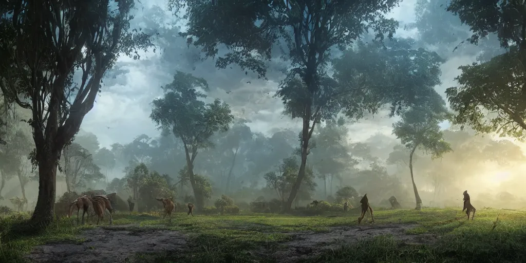 Image similar to kerala village countryside, beautiful dynamic lighting, cinematic, wide angle establishing shot, extremely high detail, photo realistic, cinematic lighting, post processed, concept art, artstation, matte painting, style by eddie mendoza, raphael lacoste, alex ross, volumetric lighting, light rays, photorealistic, ultrarealistic, moody, coronarender, 8k