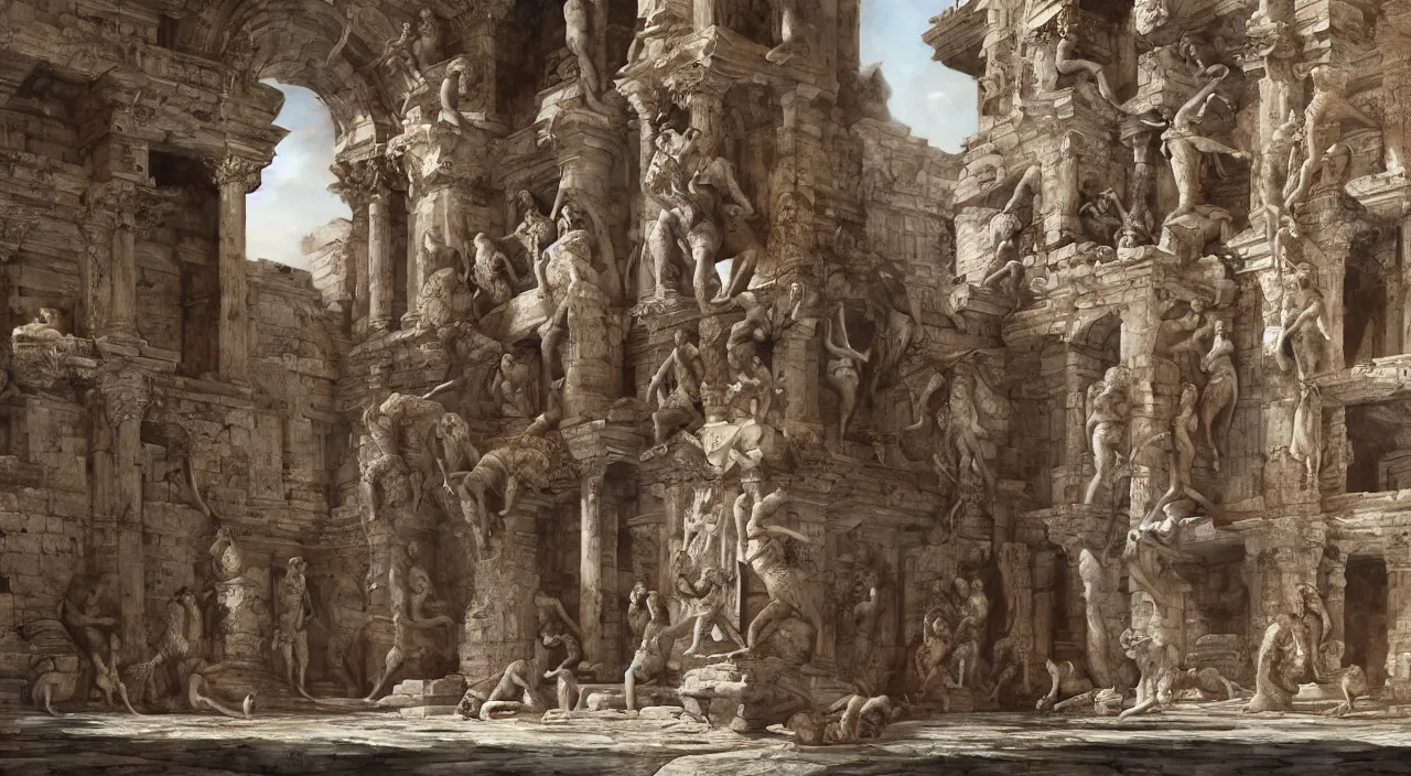 Prompt: 2 0 giant women body sculptures creating a rare building at the kingdom of julius caesar, roman historic works, hyper - detailed, artstation trending, world renowned artists, historic artworks society, antique renewel, good contrast,, cgsociety, by greg rutkowski, by gustave dore, deviantart, 3 5 mm lens,